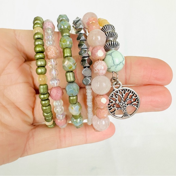 HANDMADE Memory wire Beaded Bracelet and Earring Set Sterling Silver Earwires - Picture 7 of 10